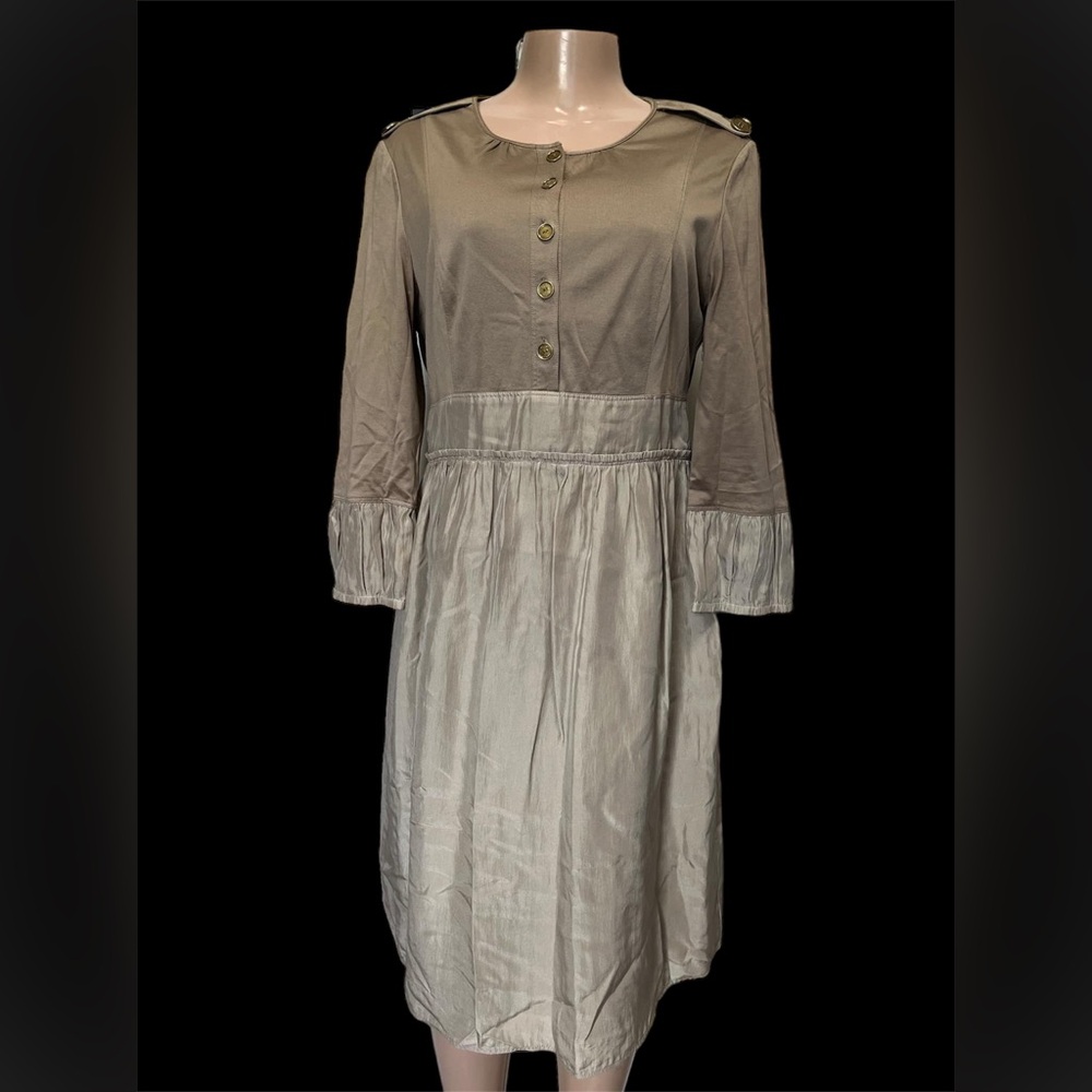 Burberry Brown A-Line Dress with Crew Neck and 3/4 Cuffed Sleeves